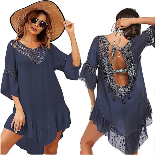 Badedragt Cover Up Dame Badedragt Kjole Plus Size Sexet Bikini Strand Tunika Top Sommer A d navy Blue M