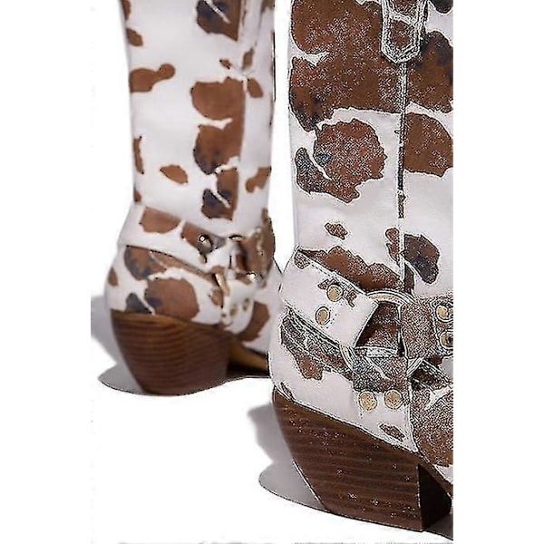 Cow Print Cowgirl Stövlar Block Chunky Klack Mellanhög brown 40