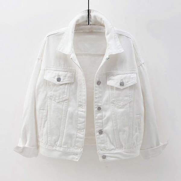 Dam Vår Och Höst Jackor Varm Enfärgad Långärmad Jeansjacka Ytterkläder White L