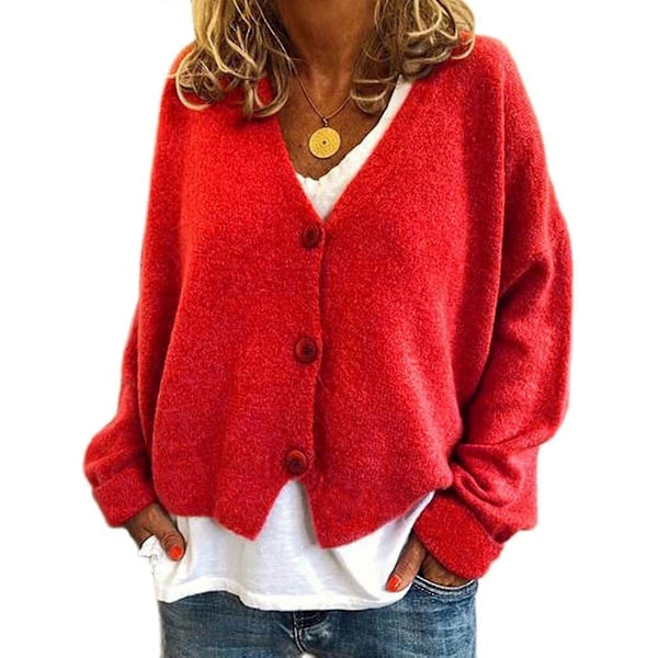 Damtröja Stickad Casual V-ringad Enfärgad Kofta Red M
