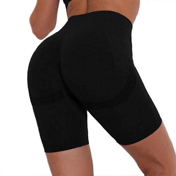 Sömlösa sportshorts för kvinnor, hög midja, yoga shorts, fitness, slimmade gym leggings Black L