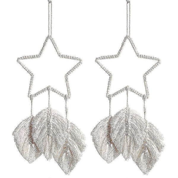 2 st Makramé Väggbonad Fjäder Boho Chic Handgjord Vävd Löv Tofsar Dekoration Bohemisk Lägenhet