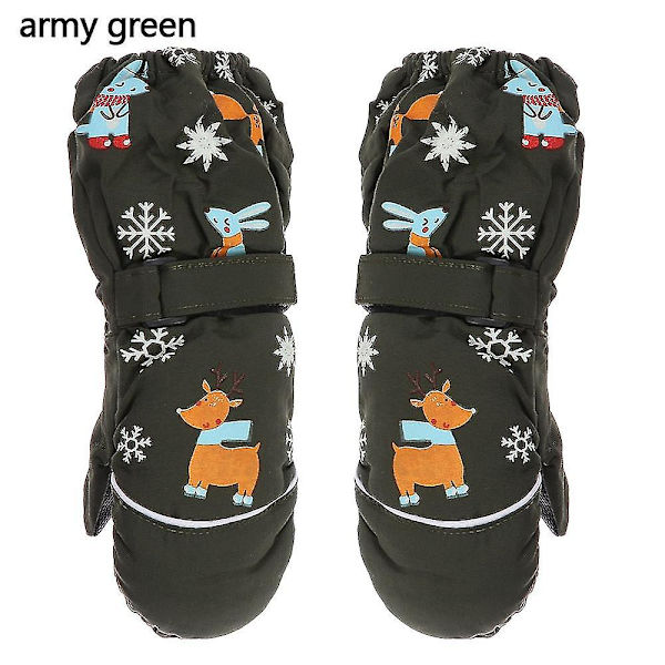 1 par Tegneserie Børne Skihandsker Langærmede Votter Vinter Vindtæt Vandtæt Tyk Varm Skridsikker Hjort Kanin 2-6 År Army green