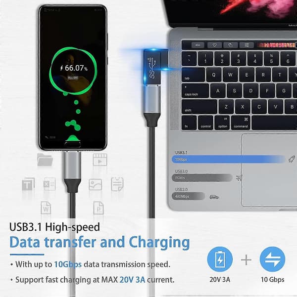 Usb til Usb C-adapter, Usb A til Usb C-adapter, 10 Gbps rettvinklet Usb 3.0 hann til Usb C hunn-adapter, 90 graders Usb 3.1 Gen2 Usb C til Usb 3.0-adapter