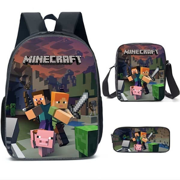 3 kpl/setti MINECRAFT 3D-tulostetut lasten reput Tyttöjen poikien reput Lasten koululaukut Sarjakuva-aiheinen lastentarhareppu Black 16 Inches