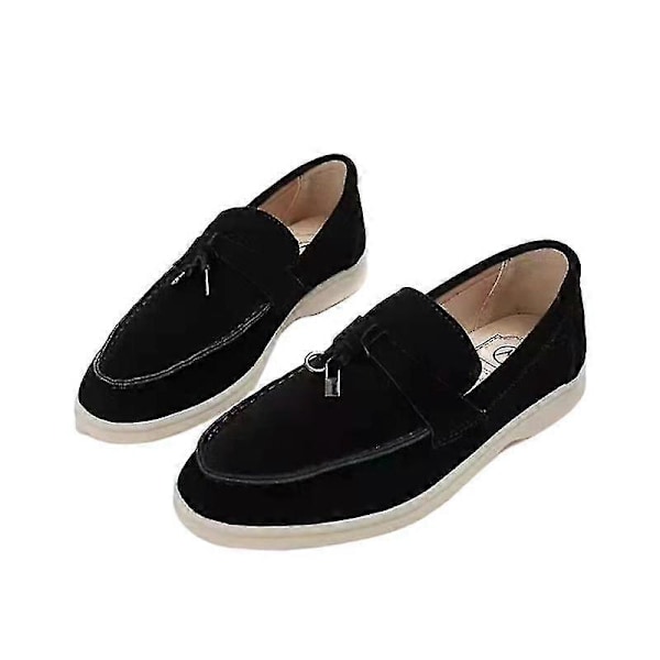 Walk Sko Dame Loafers Ruskind Afslappede Mokkasiner Lås Hue Sko Komfortable Bløde Såler Flade Sko Plus Size_Active black 41