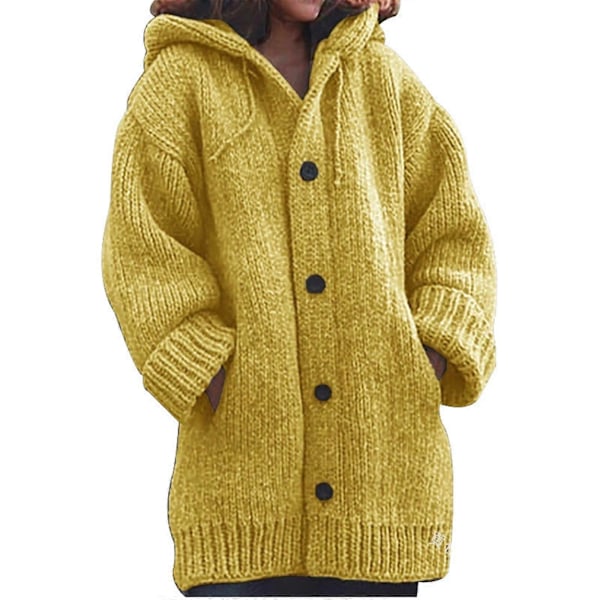Dame Hætte Strikket Sweater Efterår Vinter Mellemlang Ensfarvet Knap Sweater Uldfrakke Jakker Overdele Yellow M