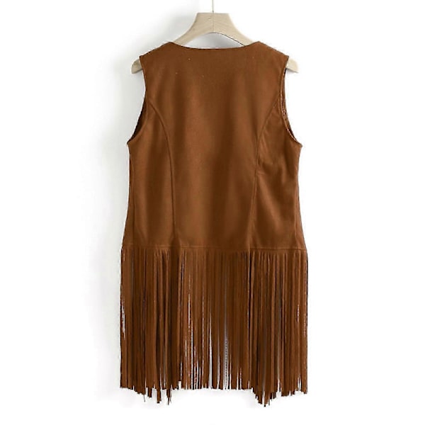 Dame Vinter Ruskind Etnisk Ærmeløs Kvaster Frynser Vest Cardigan Khaki XL