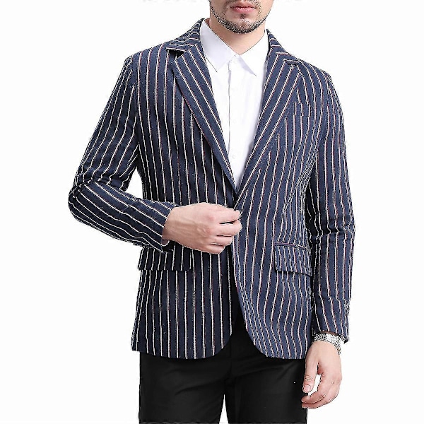 Stripete Slim Lapel Casual Blazer med Én Knapp for Menn Navy Blue L