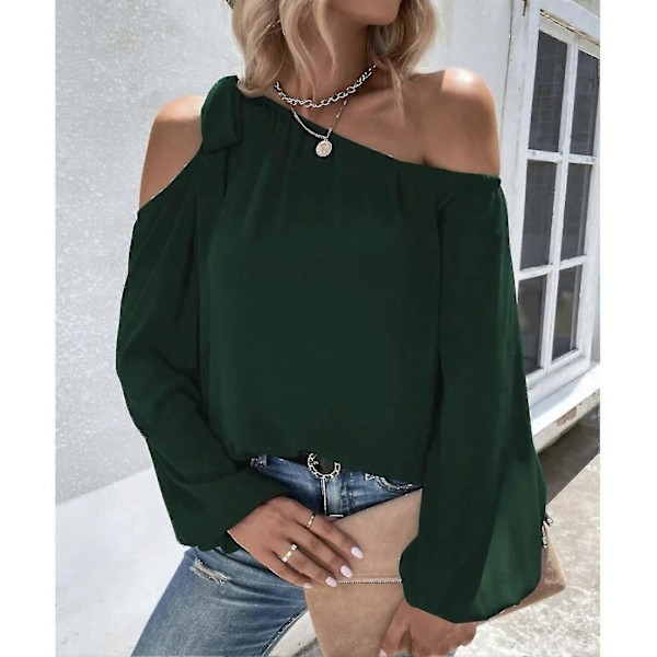 Dam Topp Cold Shoulder Knytblus Enfärgad Lykta Ärm Elastisk Manschett Chiffong Elegant Casual Blus Skjorta Dark Green XL