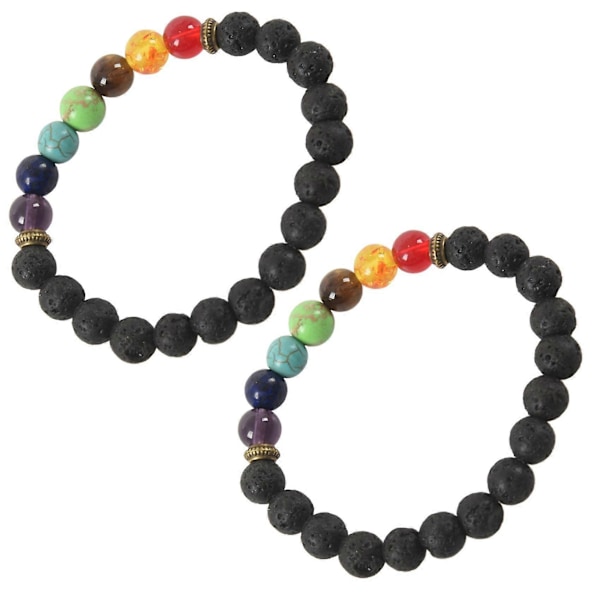 2x 7 Chakra Healing Armband Svarta Lavastenar Reiki Buddha Bönesten Herr- och Damarmband