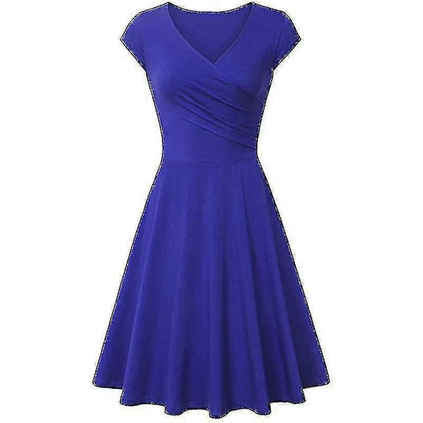 Elegant ensfarget kortarmet V-hals aften cocktail ballkjole sommerkjole for kvinner Royal Blue L