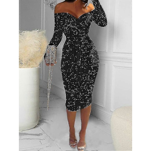 Dam Julklänning Paljettklänning Kort Miniklänning Blå Röd Svart Långärmad Älg Snöflinga Enfärgad Paljetter Höst Vinter Off Shoulder Mode Black M