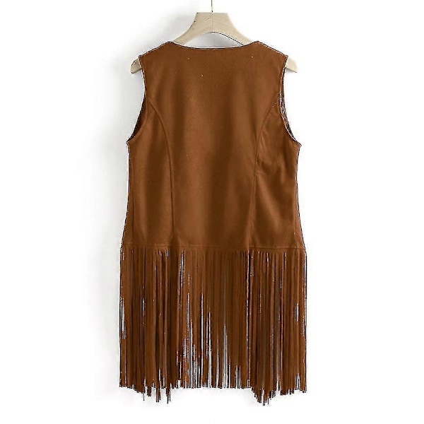 Ärmlös väst med tofsar för kvinnor 70-tal 1970-tal Hippie Faux Suede Västar Fransjacka Koftor Khaki M