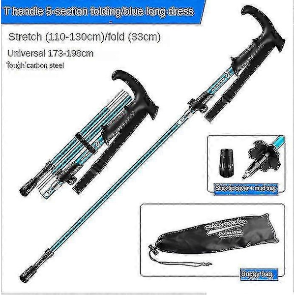 Sammenleggbare aluminiums vandrestenger med hurtiglåsesystem, sammenleggbare, teleskopiske, ultralette for eldre trekking, backpacking, fotturer blue T handle Short