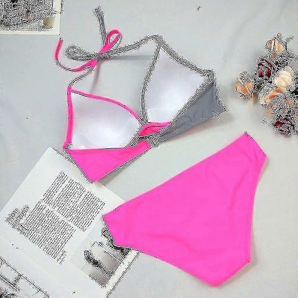 Naisten värilohko bikinin setti, pehmustetut push-up uimahousut, halter-kaula-uimapuku Light Grey Rose Red 2XL