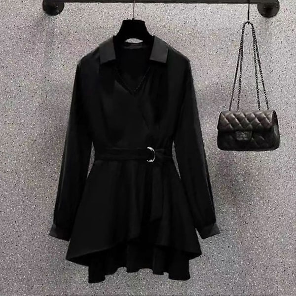 Dame Skjorte med Krave og Asymmetrisk Kant Koreansk Stil Fint Bælte V-Hals Afslappede Toppe Velegnet til Venne Sammenkomster Black Long Sleeve 2XL