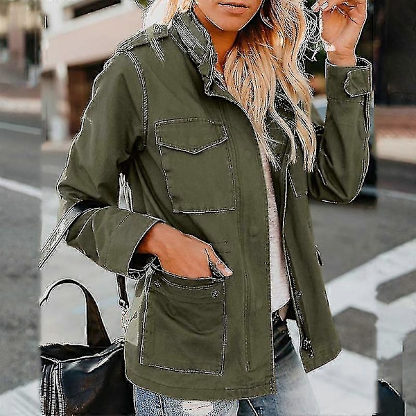Dam Militärjacka med Tryckknappar Streetwear Höstjacka Långärmad Utility Jacka 4XL Army Green