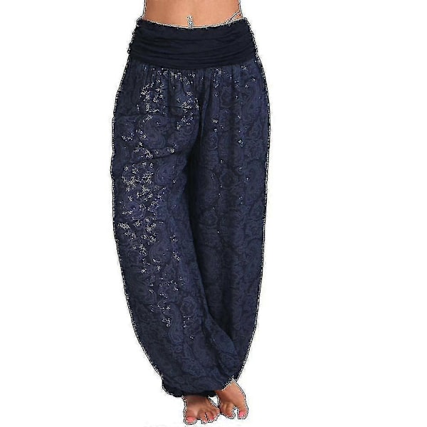 Bohemiska Haremsbyxor för Kvinnor med Paiey-tryck, Gypsy Ali Baba Yoga Palazzo, Lösa Hippiebyxor, Bloomers med Smockresår i Midjan Navy Blue L
