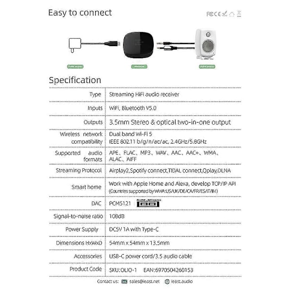 Langaton Wifi 2.4g/5g & Bluetooth 5.0 Audio Receiver Musiikkisoitin Multi Room Push System Tukee A:ta