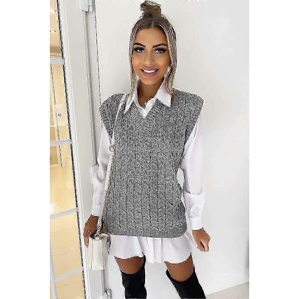 Dame Kabelstrikket Ærmeløs Vest Strikket Jumper Tank Top Trøjer s20241212251 Gray 2XL