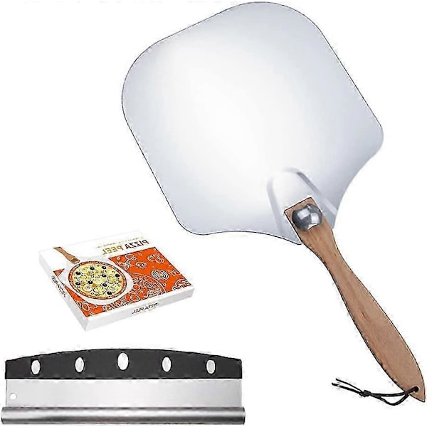 12\" Pizzaspade, rustfrit stål, aluminium pizzaspade med foldbart træhåndtag + pizzaskærer
