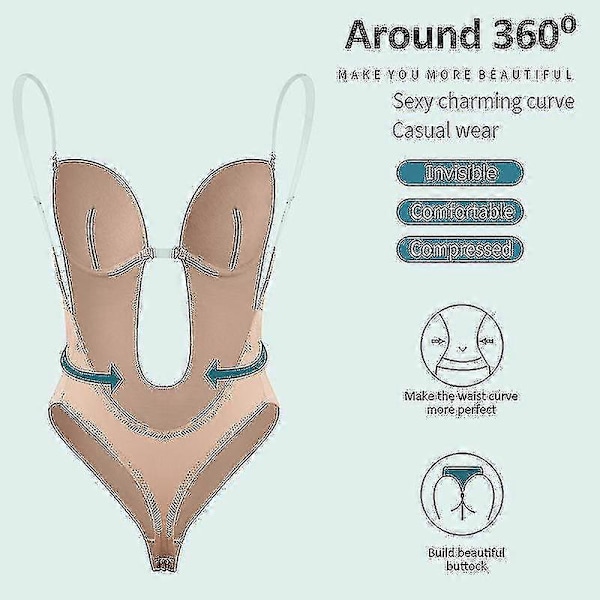 Dame Rygfri Bodysuit Shapewear U Dyb Udskæring Sømløs G-streng Dyb V-hals Body Shaper Til Bryllup-5 Beige 2XL(40)