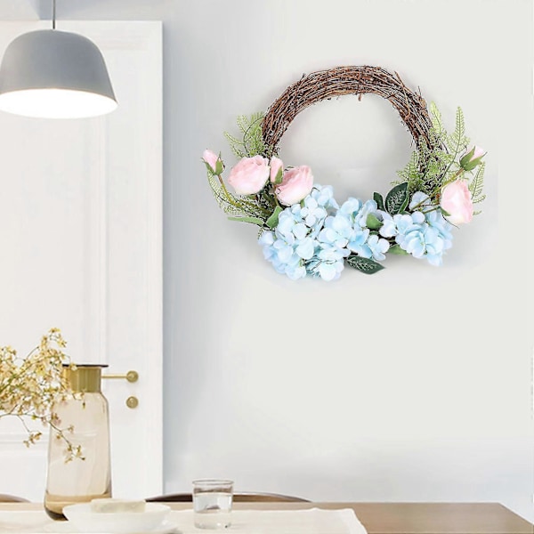 Kunstig Hortensia Blomsterkrans Vår Sommer Krans For Inngangsdør Vegg Vindu Bryllup Gårdshus