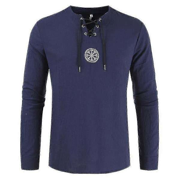 Figursyet linnedskjorte til mænd, middelalder tunika pirat udklædning navy blue 4XL