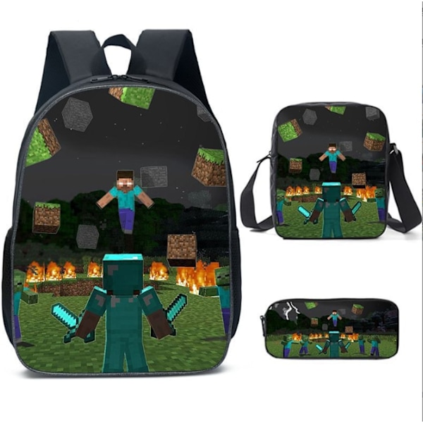 3 kpl/setti MINECRAFT 3D-tulostetut lasten reput Tyttöjen poikien reput Lasten koululaukut Sarjakuva-aiheinen lastentarhareppu Dark Grey 16 Inches
