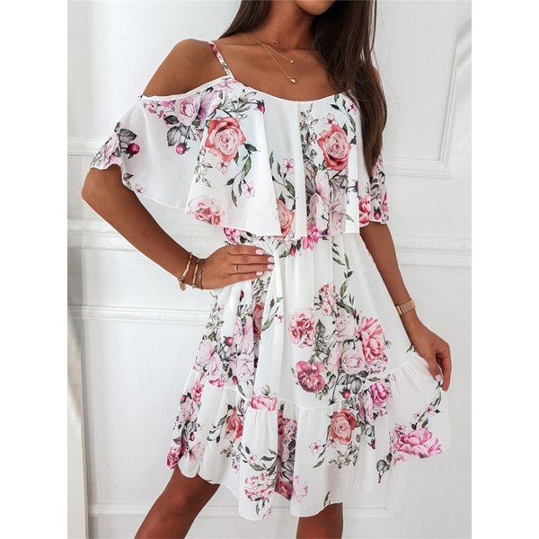 Sexig Spaghetti Strap Dress Mode Off Shoulder Sundress DR10-White S