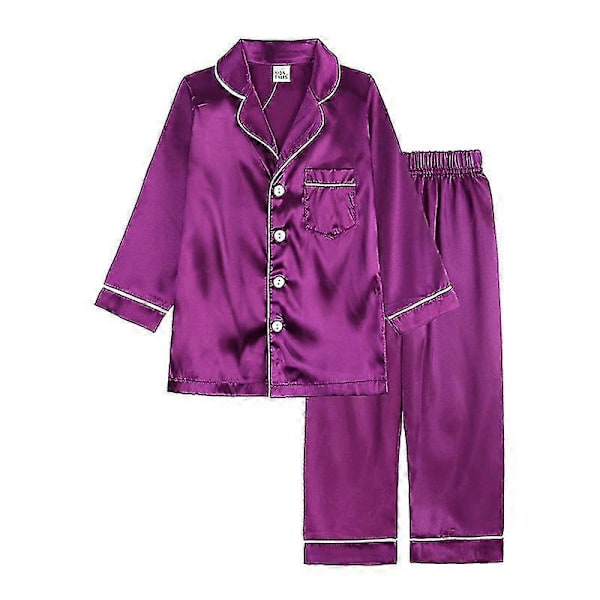 Barn Småbarn Baby Flicka Pojke Satin Pyjamas Set Lång Kort Ärm Knäppning Pyjamasskjorta Topp+byxor Underdelar Sovkläder Outfits Purple 9-12 Months