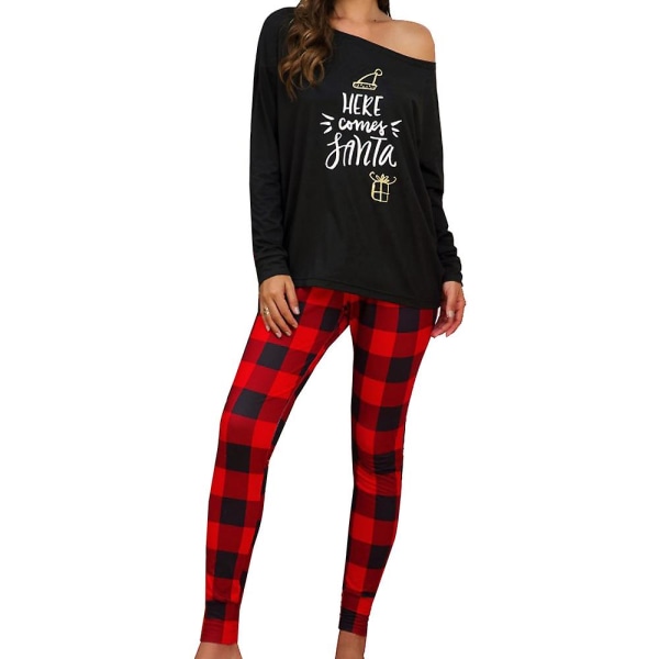 Dam Pyjamas Set med Julbrevtryck, Långärmad Topp och Rutiga Byxor, Hemkläder Black 2XL