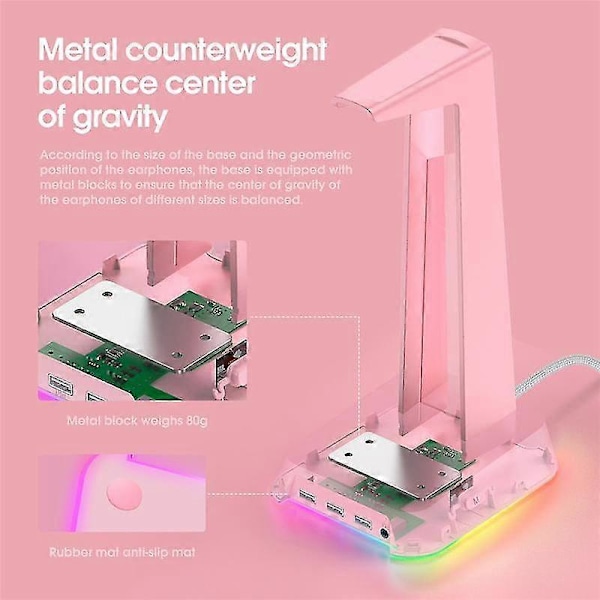 Rgb Gaming Headphone Stand Computer Headset Desktop Display Holder Lysende Logo Med 3 Usb Og 3.5