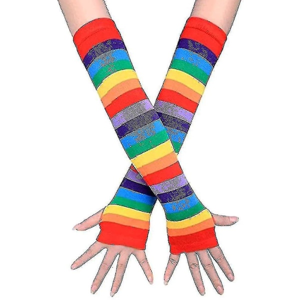 Over Knee Rainbow Lår Höga Strumpor Handskar Set Cosplay Tillbehör Arm Benvärmare