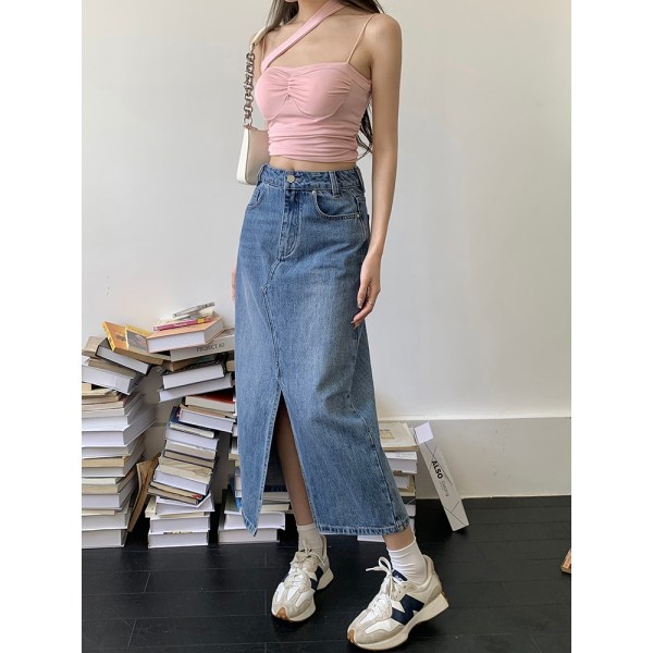 Sommer nytt retro blå denimskjørt med splitt for kvinner, passer til alt L