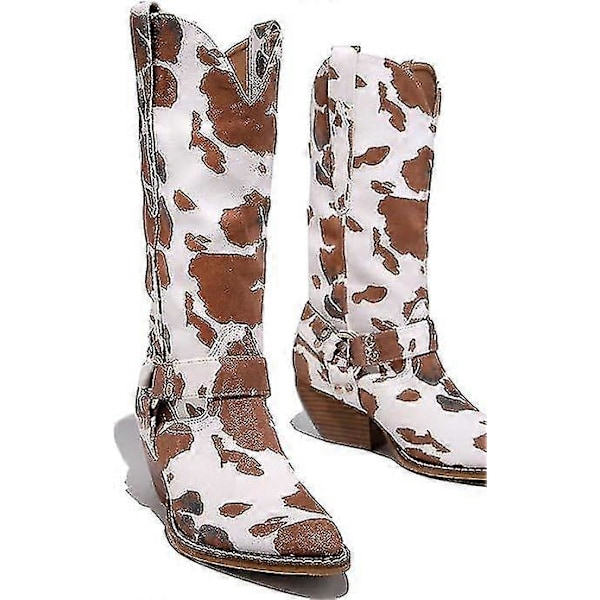 Cow Print Cowgirl Stövlar Block Chunky Klack Mellanhög brown 41