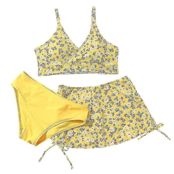 Sommar Tankini Set för Små Flickor, 3 Delar/set, Strand Surf Badkläder 8-12 År, Vadderad Bikini Baddräkt Set för Barn yellow 130