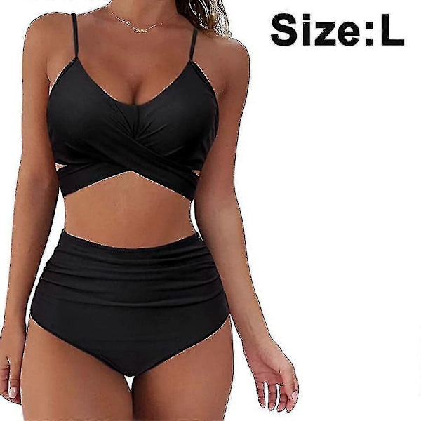 Højtaljet bandage bikini sæt til kvinder, wrap todelt push up badedragter krydsmønster dame badetøj Black L