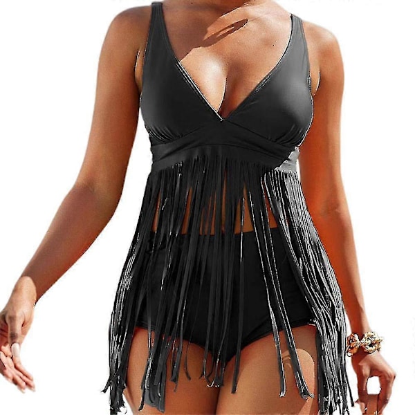 Tankini Bikini Set med Tofsdetaljer för Kvinnor, Hög Midja Black L