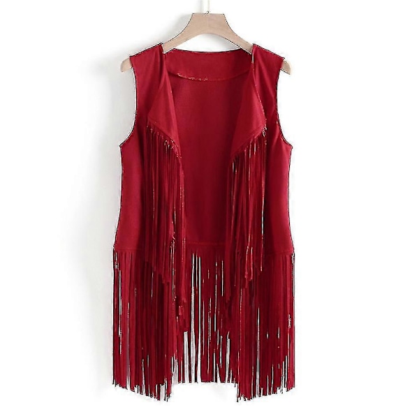 Dame Tassel Ærmeløs Vest 70'er 1970'er Hippie Faux Suede Veste Fringe Jakke Cardigans Red S
