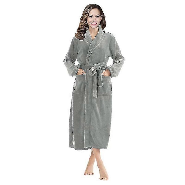 Dame Varm Fleece Vinter Morgenkåbe, Lang Plys Badekåbe Grey M