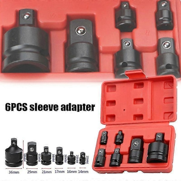 6 stk. Reduksjonsadapter og Hylseadapter Pipenøkkel 1/4 1/2 3/8 3/4 Drive Skralle Breaker Drive Spenn