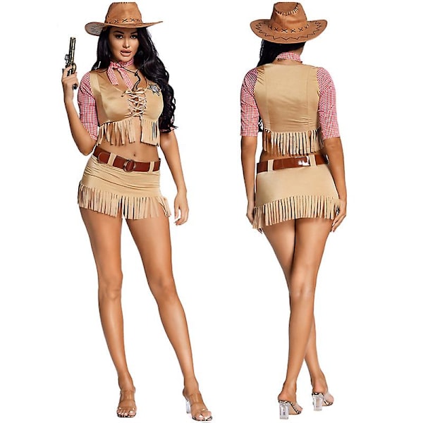M-xl Sexig Wild West Cowboy Kostym Clubwear Stål Dans Stam Tofsar Jungfru Cosplay Karneval Halloween Maskerad Party Klänning L