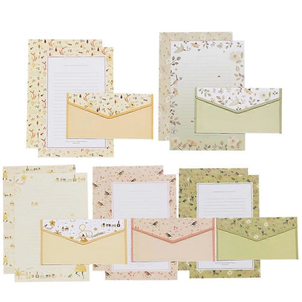 5 Set/45st Blomstertryck Kuvert och Brevpapper Sött Skrivpapper Kuvert Kit Skolmaterial för Skolan (15 Kuvert + 30 Brevpapper)