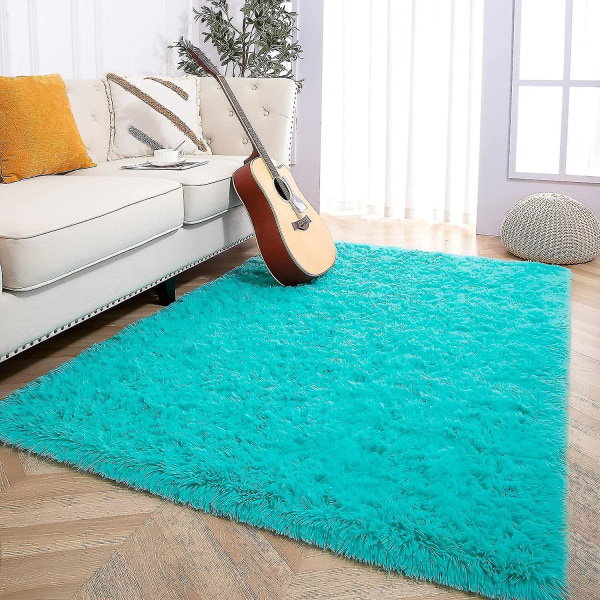 Tflycq Bløde, Fluffy Gulvtæpper Kompatible Med Soveværelse Børneværelse Plysset Langhåret Børnetæppe Lodne Kastetæpper Kompatible Med Drenge Piger, Kollegie Blue Teal 1.3 *2 Feet