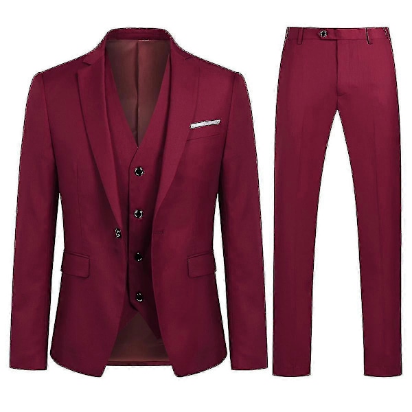 Herre Jakkesæt Business Casual 3-delt Jakkesæt Blazer Bukser Vest 9 Farver Dark Red L