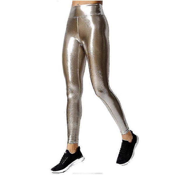 Metallic Leggings för Kvinnor Glänsande Byxor Hög Midja Leggings grey gold M