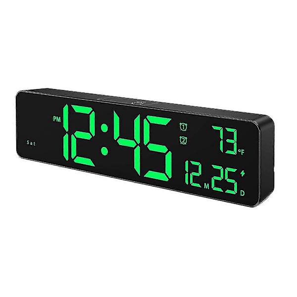 Digital vægur, LED-cifre, dobbelt vækkeur, automatisk dæmpning, 12/24 timers format, lydløs vægur
