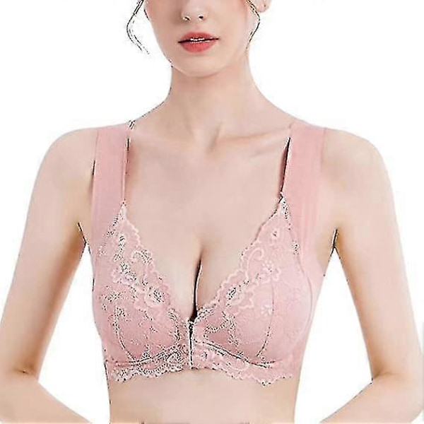 Dam Plus Size Frontknäppning Spets Hållningskorrigerande BH Bekväm Sömlös Full Coverage BH Pink 4XL